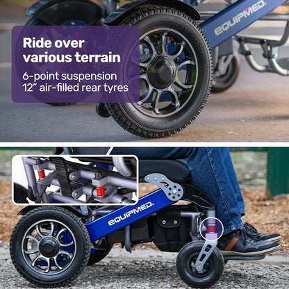 Equipmed Power Electric Wheelchair - Long Range, Airline Approved, Folding, Aluminium Frame - Blue