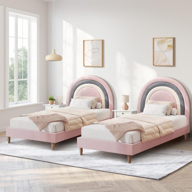 Oikiture Rainbow Kids Bed Frame - Single Size Velvet Pink