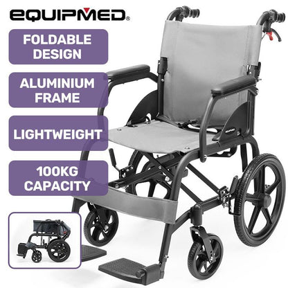 Equipmed Folding Transit Wheelchair Lightweight Grey - Smart Travel Companion