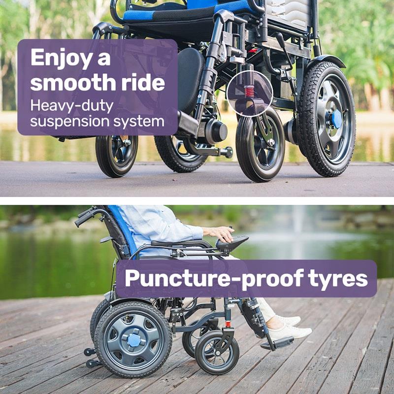 Equipmed Power Electric Wheelchair - Longrange for S-XL (16" Wheels, Black & Blue)