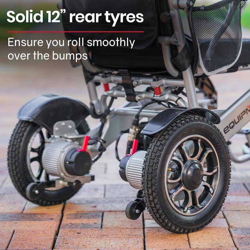 Equipmed Power Electric Wheelchair - Airline Approved, Lightweight, Folding, Long Range - Black & Silver