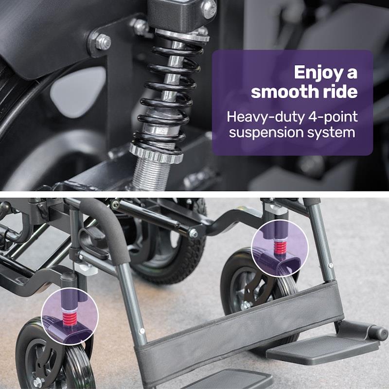 Equipmed Electric Folding Wheelchair - Wide Bariatric Seat, Comfortable for S-XL, Long Range Lithium Battery - Black