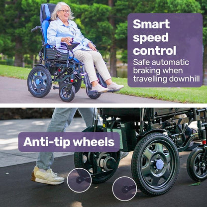 Equipmed Power Electric Wheelchair - Longrange for S-XL (16" Wheels, Black & Blue)