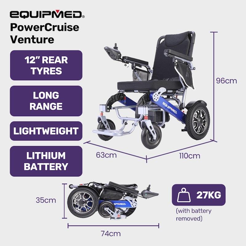 Equipmed Power Electric Wheelchair - Long Range, Airline Approved, Folding, Aluminium Frame - Blue