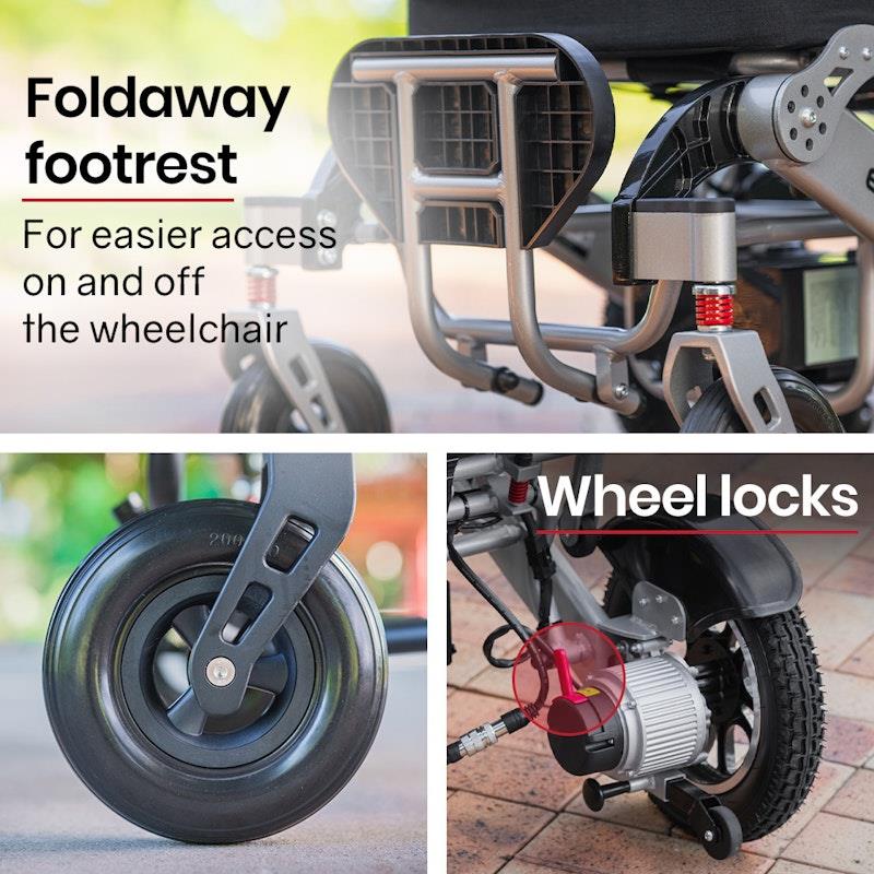 Equipmed Power Electric Wheelchair - Airline Approved, Lightweight, Folding, Long Range - Black & Silver