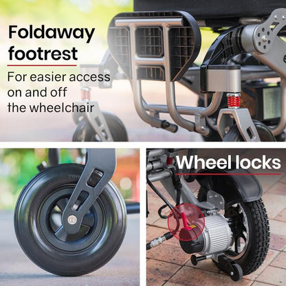 Equipmed Power Electric Wheelchair - Airline Approved, Lightweight, Folding, Long Range - Black & Silver
