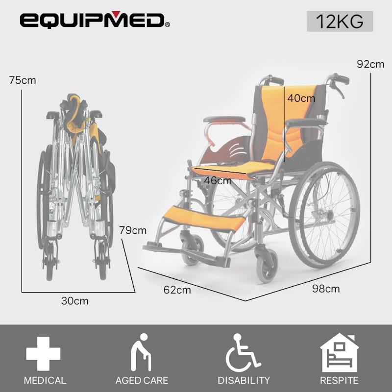 Equipmed 20 Inch Folding Aluminium Wheelchair - Orange