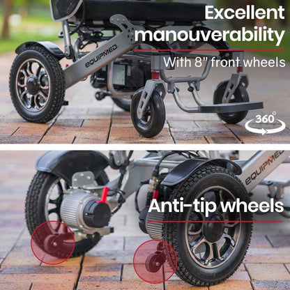Equipmed Power Electric Wheelchair - Airline Approved, Lightweight, Folding, Long Range - Black & Silver