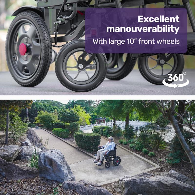 Equipmed Electric Folding Wheelchair - Wide Bariatric Seat, Comfortable for S-XL, Long Range Lithium Battery - Black