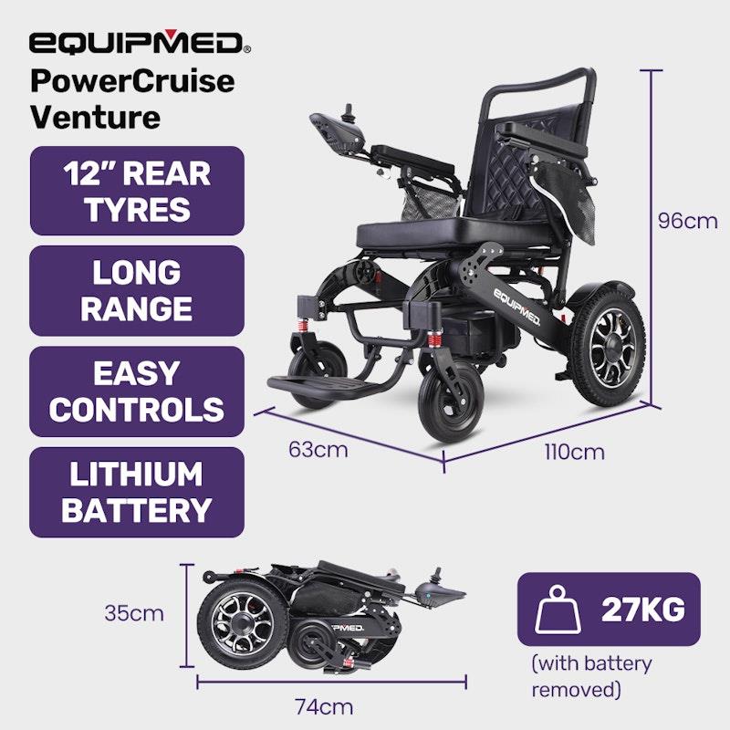 Equipmed Electric Folding Wheelchair - Long Range, Aluminium Frame - Black