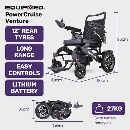 Equipmed Electric Folding Wheelchair - Long Range, Aluminium Frame - Black