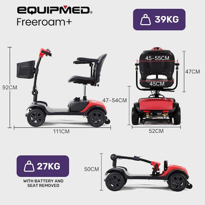 Equipmed Freeroam+ Mid-Sized Foldable Electric Lithium Mobility Scooter - Red