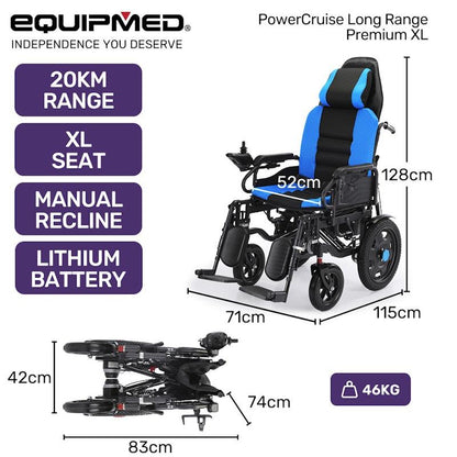 Equipmed Power Electric Wheelchair - Longrange for S-XL (16" Wheels, Black & Blue)