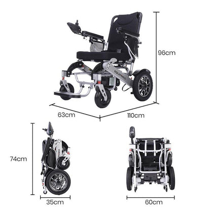 Equipmed Power Electric Wheelchair - Airline Approved, Lightweight, Folding, Long Range - Black & Silver