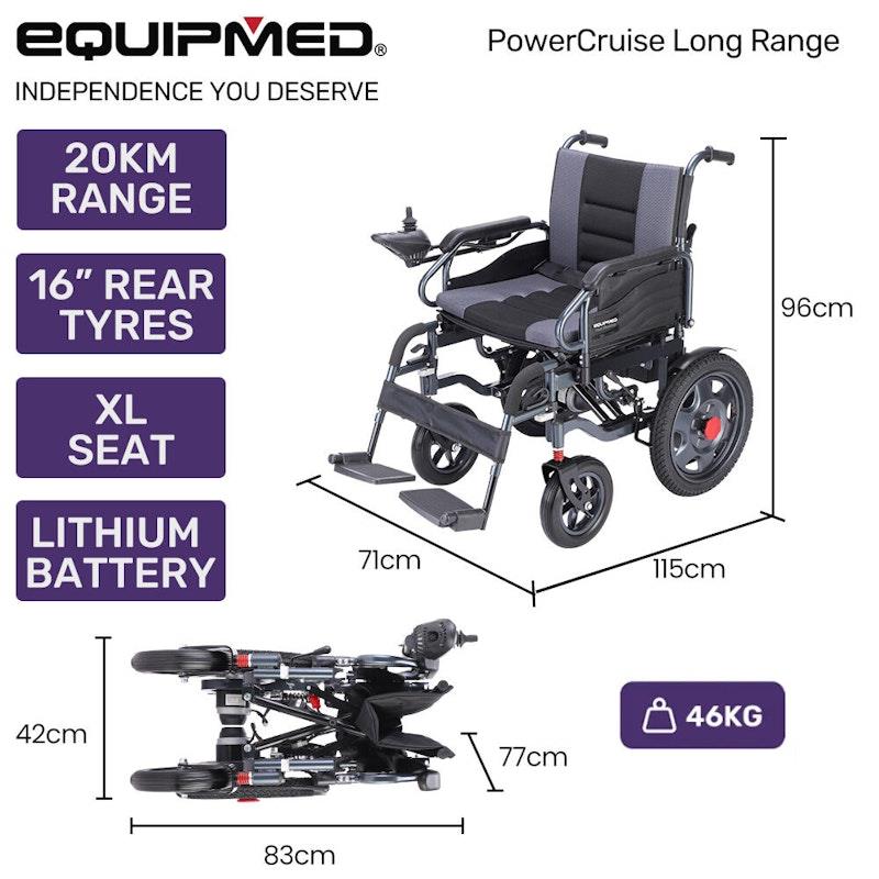 Equipmed PowerCruise LongRange Electric Folding Wheelchair - Grey & Black