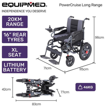 Equipmed PowerCruise LongRange Electric Folding Wheelchair - Grey & Black