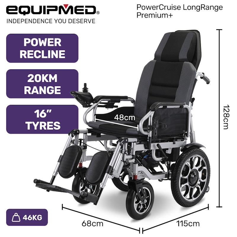 Equipmed Power Electric Wheelchair - Longrange Auto Recline (Grey & Black)
