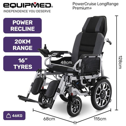 Equipmed Power Electric Wheelchair - Longrange Auto Recline (Grey & Black)