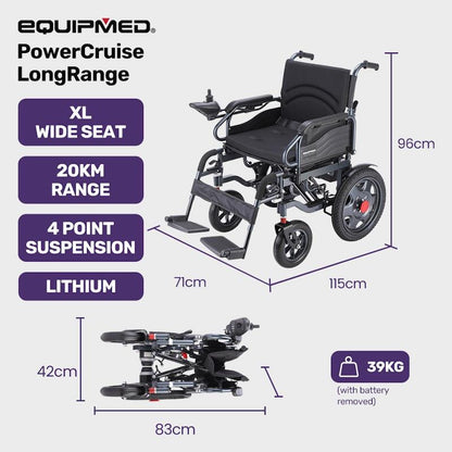 Equipmed Electric Folding Wheelchair - Wide Bariatric Seat, Comfortable for S-XL, Long Range Lithium Battery - Black