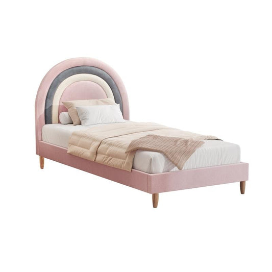 Oikiture Rainbow Kids Bed Frame - Single Size Velvet Pink - Auzzistore