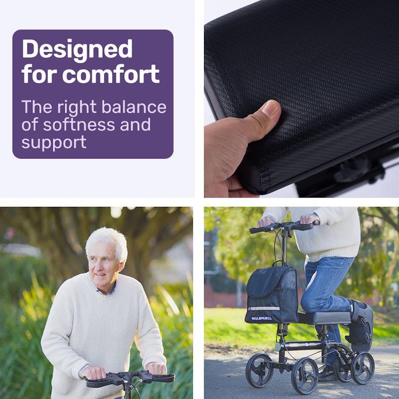 Equipmed Knee Scooter Walker with Dual Brakes & Bag - Black