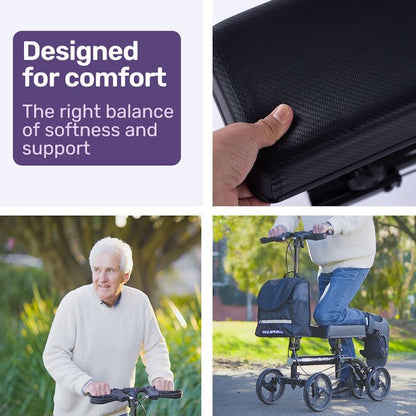 Equipmed Knee Scooter Walker with Dual Brakes & Bag - Black