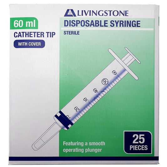 Livingstone 60ml Catheter Tip Syringe with Cap - 25 Pieces/Box