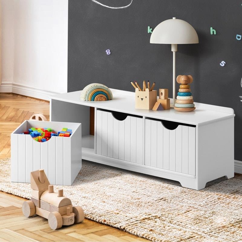 Oikiture Kids Toy Box Chest - Storage Organizer & Seating Bench (White)