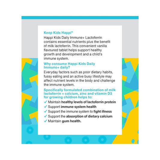 HAPPi Kids Daily Immune+ Lactoferrin 60 Chewable Tablets - Immune Support for Growing Kids