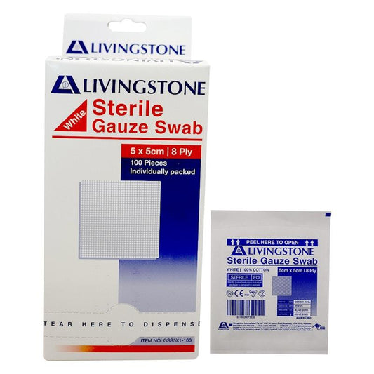 Livingstone Sterile Gauze Swabs 8 Ply Cotton 5x5cm - 100 Pieces/Box