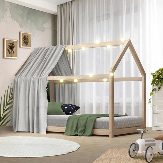 Oikiture Wooden Bed Frame - Single Pine Timber House Design - Auzzistore