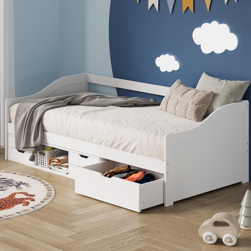 Oikiture Kids Day Bed Frame with Trundle & Storage Drawers - White-Auzzi Store
