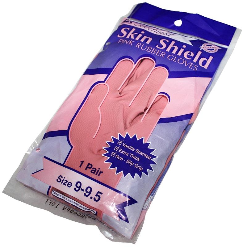 Skin Shield Silver Lined Natural Rubber Gloves - Vanilla Scented, Pink, Size 9-9.5