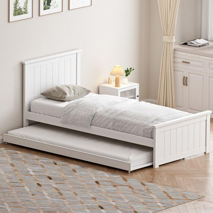 Oikiture Trundle Bed Frame Single Size - Space-Saving Wooden Daybed in White