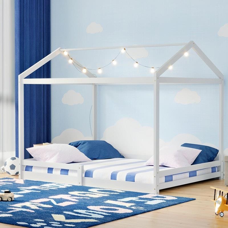 Oikiture Kids Wooden Bed Frame Timber House Beds Base with Fence Double White-Auzzi Store