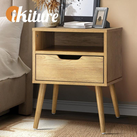 Oikiture Bedside Table with Drawers - Natural Wood