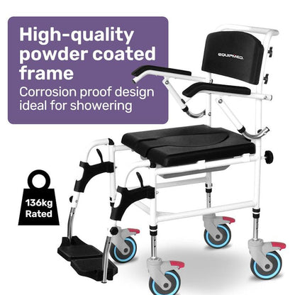 Equipmed Rolling Commode Shower Chair with Wheels - Black