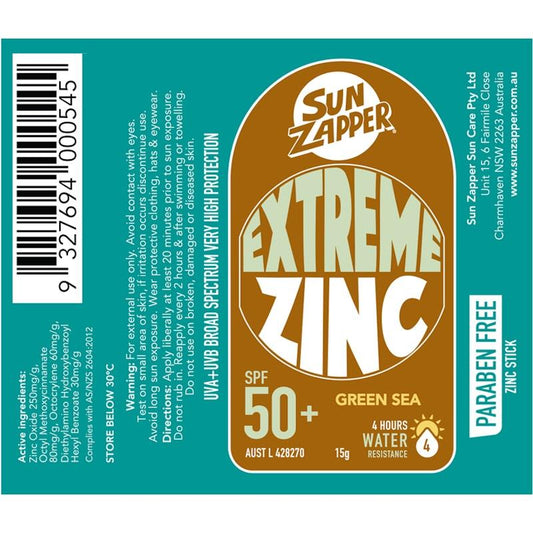 SUN ZAPPER Extreme Zinc Stick SPF 50+ Green Sea 15g - Superior Sun Defense
