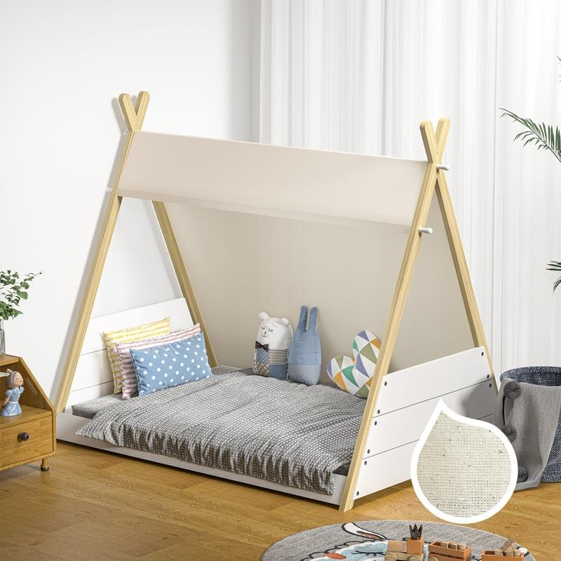 Oikiture Kids Canvas Teepee Bed Frame - Wooden Timber Platform for Imaginative Sleep