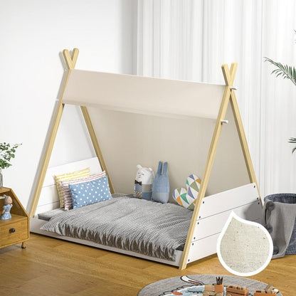 Oikiture Kids Canvas Teepee Bed Frame - Wooden Timber Platform for Imaginative Sleep