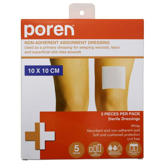 Poren Sterile Non-Adherent Absorbent Dressing - 10 x 10cm (5 Pack)