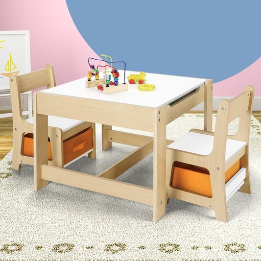 Oikiture Kids Table and Chairs Set - Activity Play Study Desk with Storage Box - Natural - Auzzistore