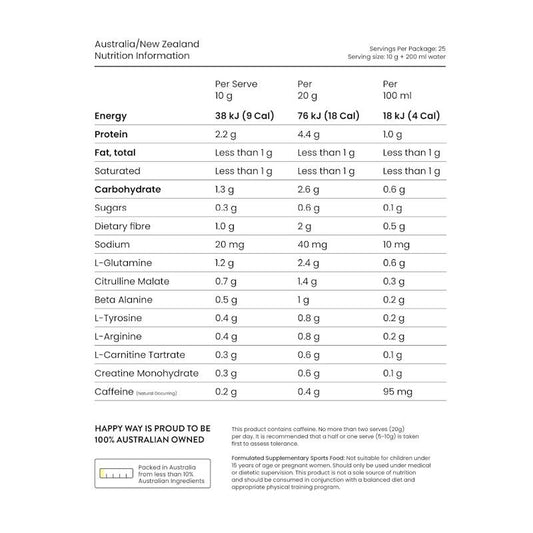 Happy Way Strawberry Kiwi Pre-Workout Powder 250g - Natural Energy Booster