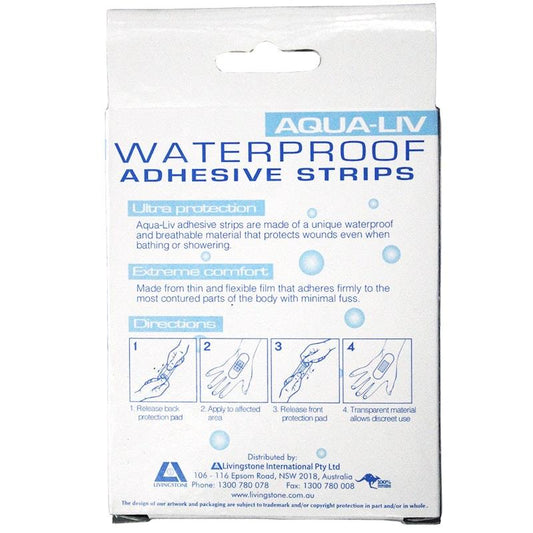 Livingstone Aqua-Liv Waterproof First Aid Adhesive Strips with Pad - Sterile, 7.3 x 2.5cm, 30 Pieces/Box