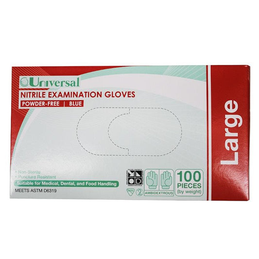 Universal Nitrile Examination Gloves - ASTM Powder Free - Large - 100 Pieces/Box