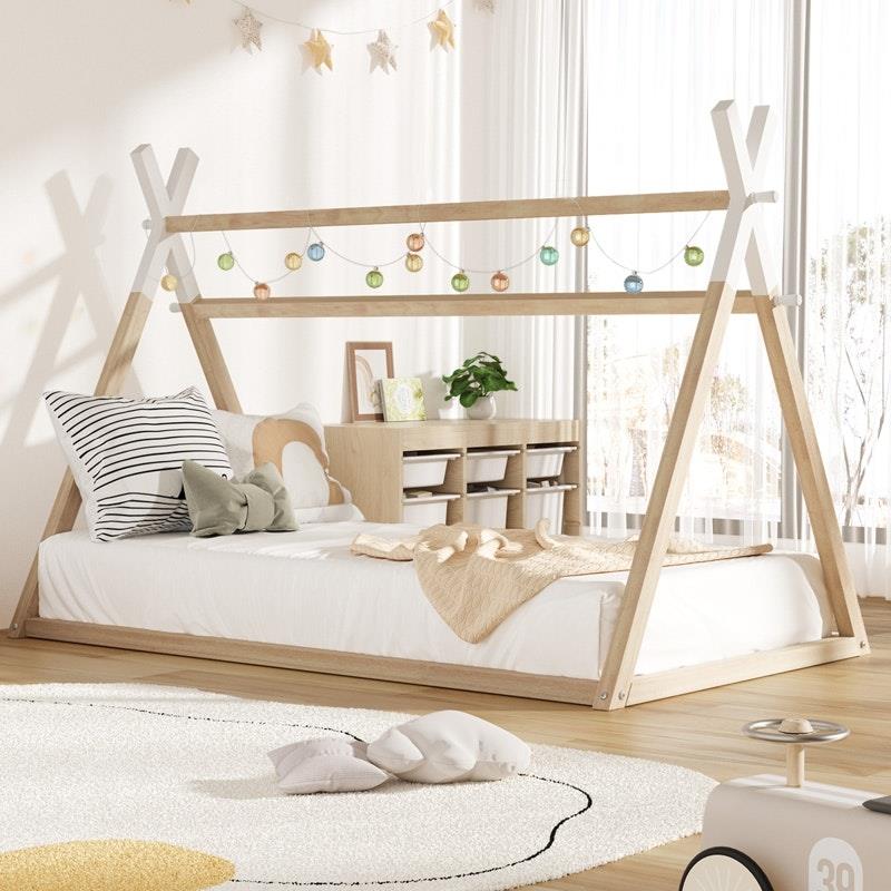 Oikiture Kids King Single Bed Frame - Wooden Timber Teepee House Design