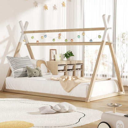Oikiture Kids King Single Bed Frame - Wooden Timber Teepee House Design