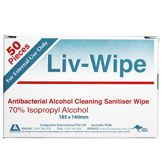 Liv-Wipe Antibacterial Cleaning Wipe - 70% Alcohol - 50 Pieces/Box