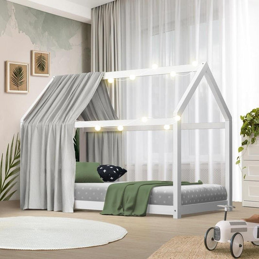 Oikiture Bed Frame - Single Wooden Timber House Style (White) - Auzzistore