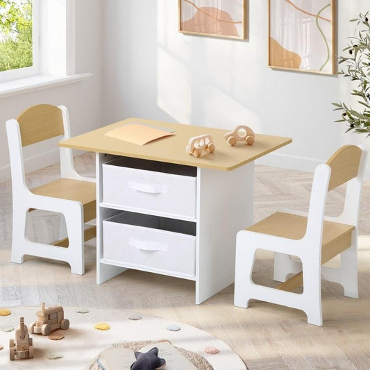 Oikiture Kids Table and Chairs Set - Wooden Play Study Desk with Toy Storage Box (White & Wooden)-Auzzi Store